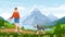 Active adventure summer tourism, cartoon happy tourist backpacker enjoying with pet dog wild nature