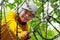 Active brave little boy enjoying climbing at treetop adventure park and smiles