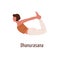 Active cartoon female in dhanurasana position vector flat illustration. Flexible yogi woman demonstrating Bow pose
