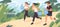 Active cartoon people picking up litter during plogging vector flat illustration. Man and woman character run at natural