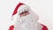 Active Cheerful Stylish Santa Claus Positively Dances, Haves Fun to Energetic Music Looking at Camera, Standing on White