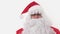 Active Cheerful Stylish Santa Claus Positively Dances, Haves Fun to Energetic Music Looking at Camera, Standing on White