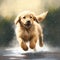 Active cute puppy runs through the puddles in the rain . AI generated.