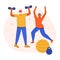 An active elderly couple doing sports together at home. Grandparents lead a healthy lifestyle. Active seniors training in gym.
