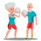 Active Elderly Man And Woman Playing Ball Vector. Isolated Illustration