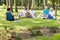 Active elderly people doing yoga