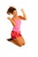 Active excited fit woman jumps over white background