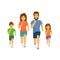 Active family man woman boy girl parents and children running jogging together front view cartoon isolated vector illustration