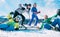 Active family vacations concept. Group dressed ski clothes sincerely smiling and laughing posing for photo on the snow ski hill at