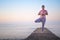 Active female practicing yoga vrikshasana tree pose hands namaste at sunset beach sea sky horizon