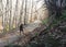 Active Girl hiking in the forest with a stick