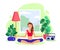 Active girl in yoga and meditation flat vector illustration meditating woman in the lotus position in home interior.