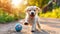 Active golden retriever puppy playing fetch joyfully with its best buddy in the park
