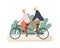 Active grandparents ride tandem bike in summer park. Elderly couple spend time together outdoors. Flat vector cartoon