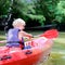 Active happy boy kayaking on the river