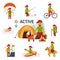Active infographic elements. Man relaxing by fire in forest with wild animal - a fox. Man with a backpack in the