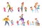 Active kids. Big family tired parents playing with children adult in action poses vector cartoon characters