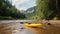 Active leisure, tourism. Yellow kayak near river bank, mountain background. AI generated.