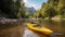 Active leisure, tourism. Yellow kayak near river bank, mountain background. AI generated.