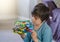 Active little boy playing with construction plastic toy blocks, Kid playing colorful toys in playroom at home, Toddler development
