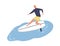 Active male enjoying surfing vector flat illustration. Smiling surfer in swimwear standing on surfboard at sea or ocean