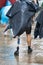 Active male tourist or pilgrim with prosthesis walking on a street of a old town of Santiago de Compostela on a rainy day