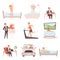 Active man daily routine. Lifestyle everyday businessmen work busy people vector character isolated