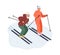 Active mature couple in sportswear ride on ski vector flat illustration. Happy man and woman enjoying outdoor winter