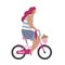 Active modern hipster girl on a pink bike with shopping. Modern flat illustration side view. Summer sports lifestyle