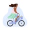 Active modern romantic african girl wit leg prosthesis on blue bike with flowers in basket. Modern flat illustration side view.