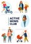 Active moms club poster. Active mothers with babies and text place. Club of young mothers. Vector illustration in flat