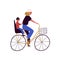 Active mother and son ride on bike vector flat illustration. Happy family cycling together isolated on white background