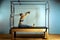 Active motivated woman does exercises in bed reformer, beauty and health. Plastic, posture, smart fitness.