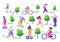 Active people in the park. Summer outdoor. Man and woman characters running, riding bicycle, skateboarding, roller skates, fitness