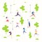 Active people in the spring park, walking and running people vector illustration