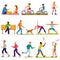 Active people vector woman or man character in sport activities training fitness workout exercises and doing yoga