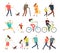 Active people walking, riding bike, running outdoor vector character set