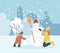 Active people in winter city park. Winter time. Children characters make a snowman. Wintertime games and leisure activity for kids