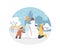 Active people in winter city park. Winter time. Children characters make a snowman. Wintertime games and leisure activity for kids