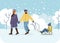 Active people in the winter park. Winter time. Happy family walking and ride child on sled. Outdoor winter activities cartoon