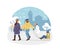 Active people in the winter park. Winter time. Happy family walking and ride child on sled. Outdoor winter activities cartoon