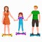 Active peoples fun with electric scooter, family on segway new modern technology hoverboard, man woman and child self