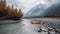 Active rest, tourism. Kayak near river bank, mountain background. AI generated.