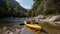 Active rest, tourism. Kayak near river bank, mountain background. AI generated.