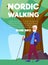 Active senior man performing nordic walking with sticks outdoor, retired grandfather exercise in park vector flat poster