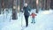 Active senior woman and little girl. Cross country skiing in the forest.