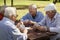 Active seniors, group of old friends playing cards at park