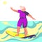 Active seniors on vacation concept.Positive Old lady riding a surfboard on sea waves.Vector illustration