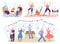 Active seniors vector elderly people training in gym, old man and woman listening to music and dancing together