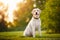 Active, smile and happy purebred labrador retriever dog outdoors in grass park on sunny summer day